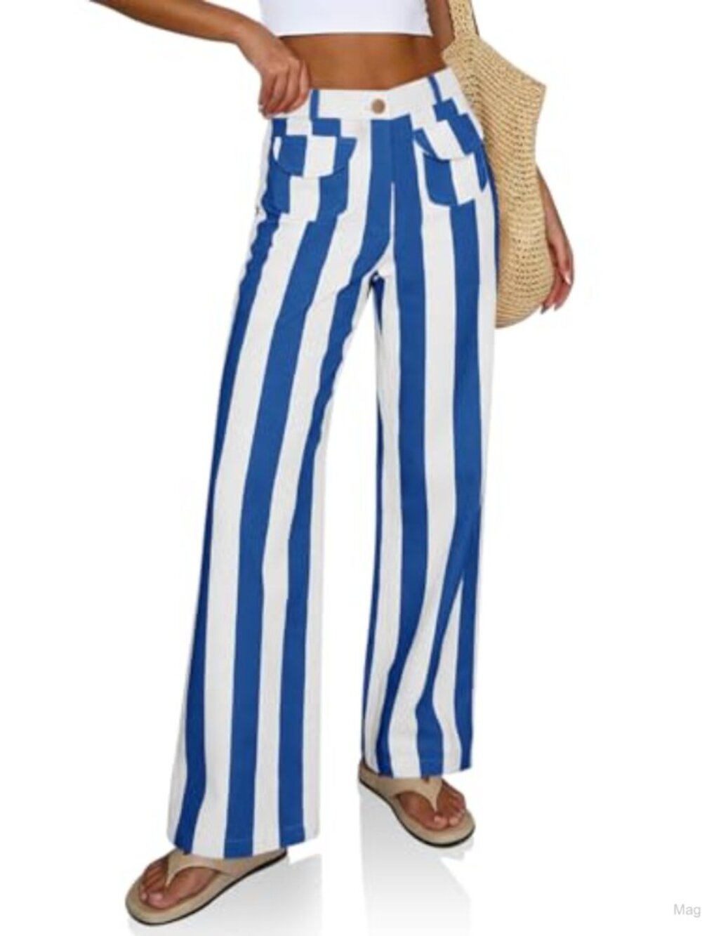 Wide Leg Striped High Waist Denim Jeans Women Cotton Stretch